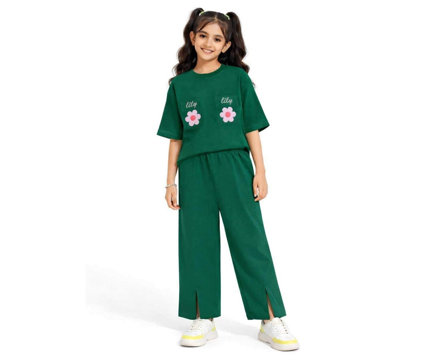 Lilly Flowers Double Flap Pocket Shirt &amp; Bottom Cut Flare Trouser - Green 