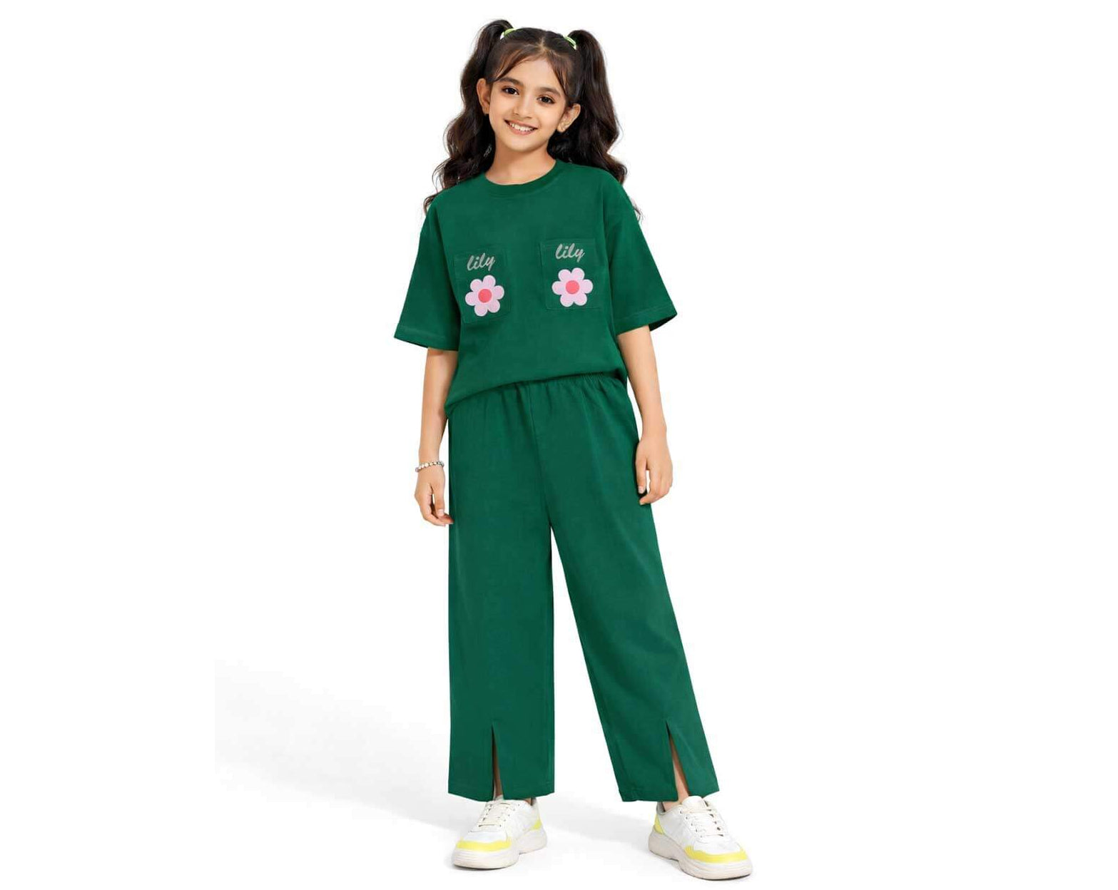 Lilly Flowers Double Flap Pocket Shirt &amp; Bottom Cut Flare Trouser - Green