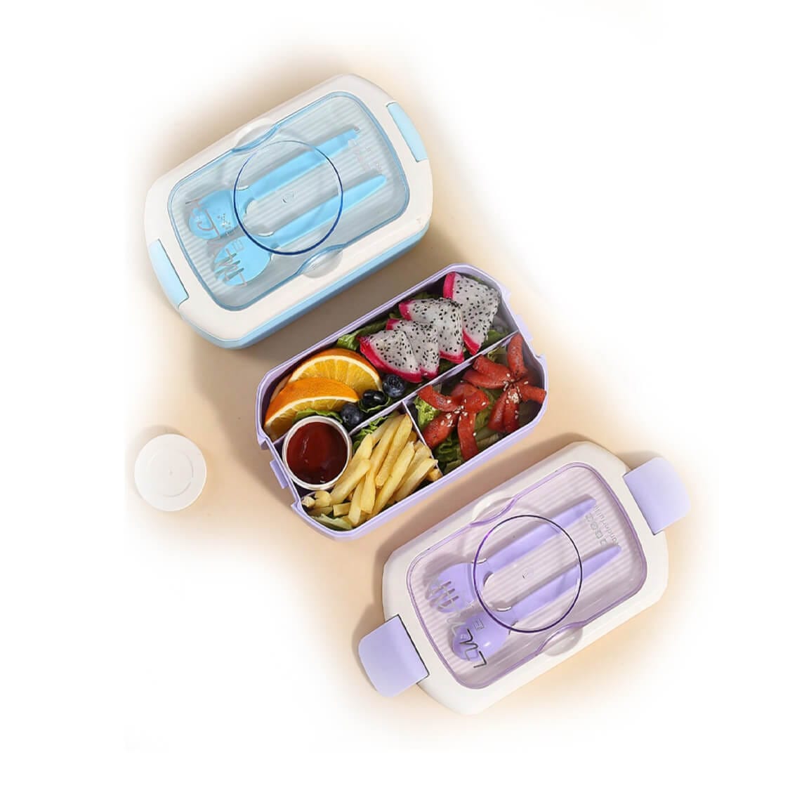 Imported Lunch Box with Multiple Compartments With Spoon & fork - Soft purple