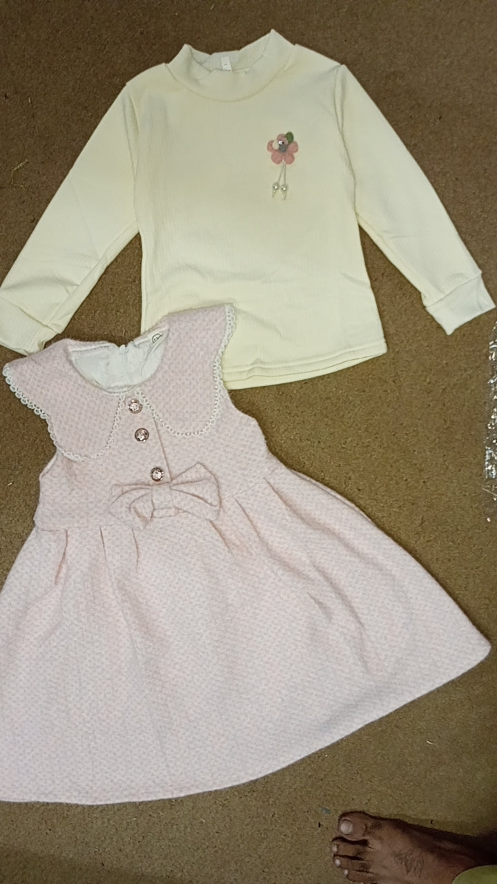 Elegant Tweed Frock with Inner Top - Pink & Skin