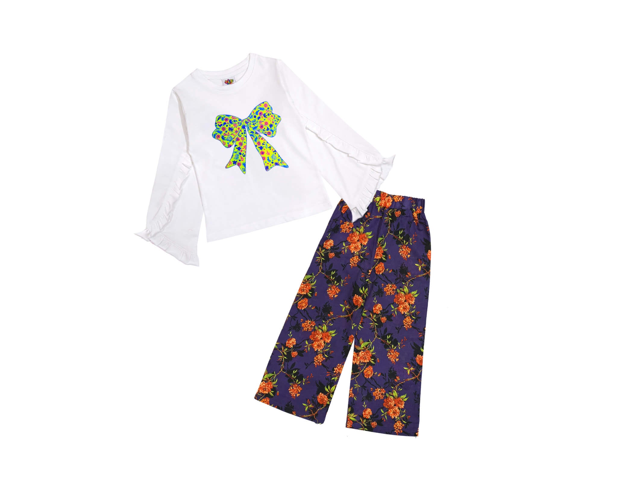 Green Big Bow Florals Tee Shirt &amp; Plazzo- White &amp; Purple