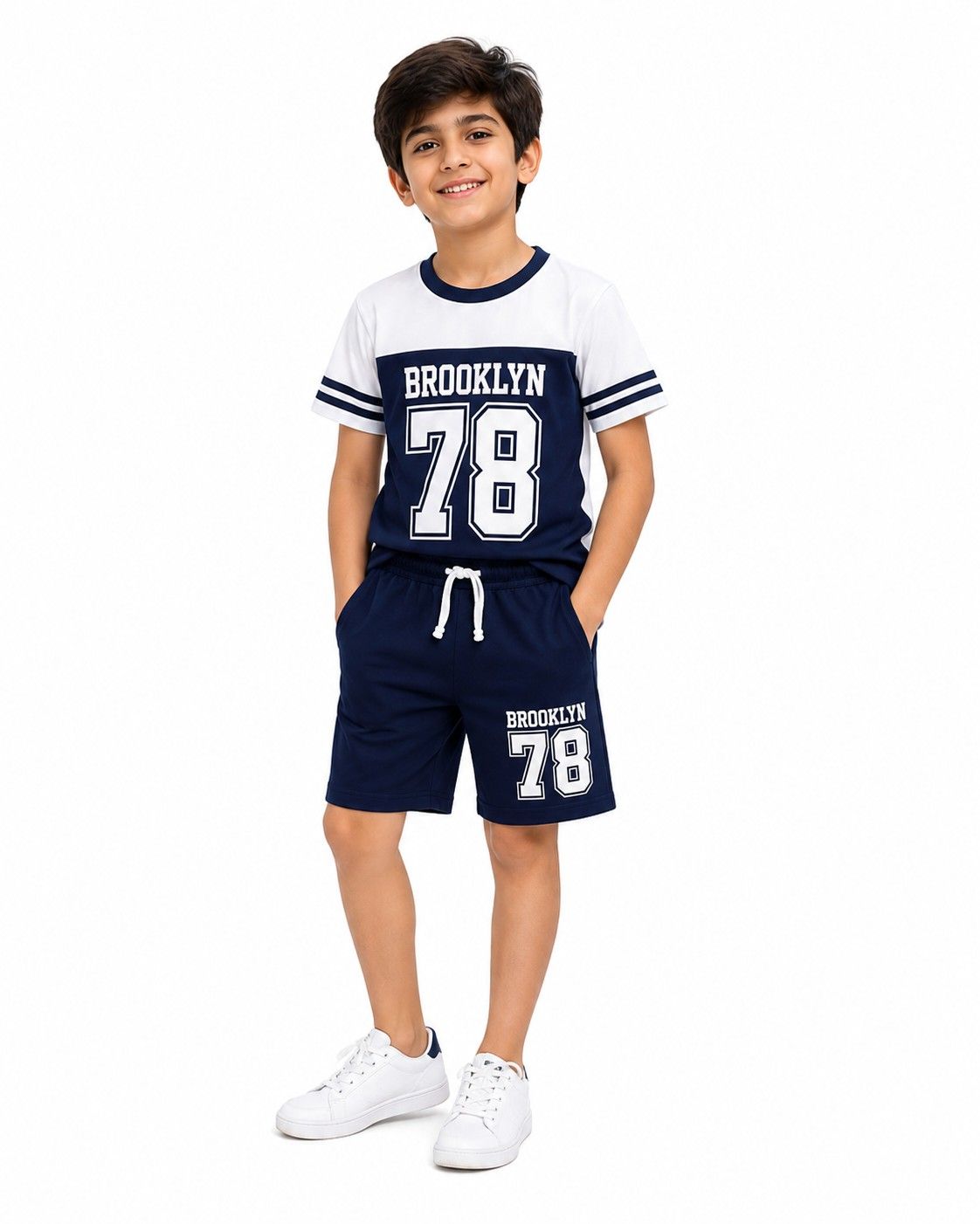 78 Brooklyn Classic Look Penal Tee & Short - White & Navy Blue