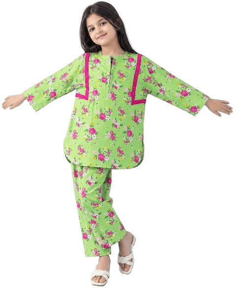 Green & Pink Floral Cotton Printed Shirt & Trouser - Green