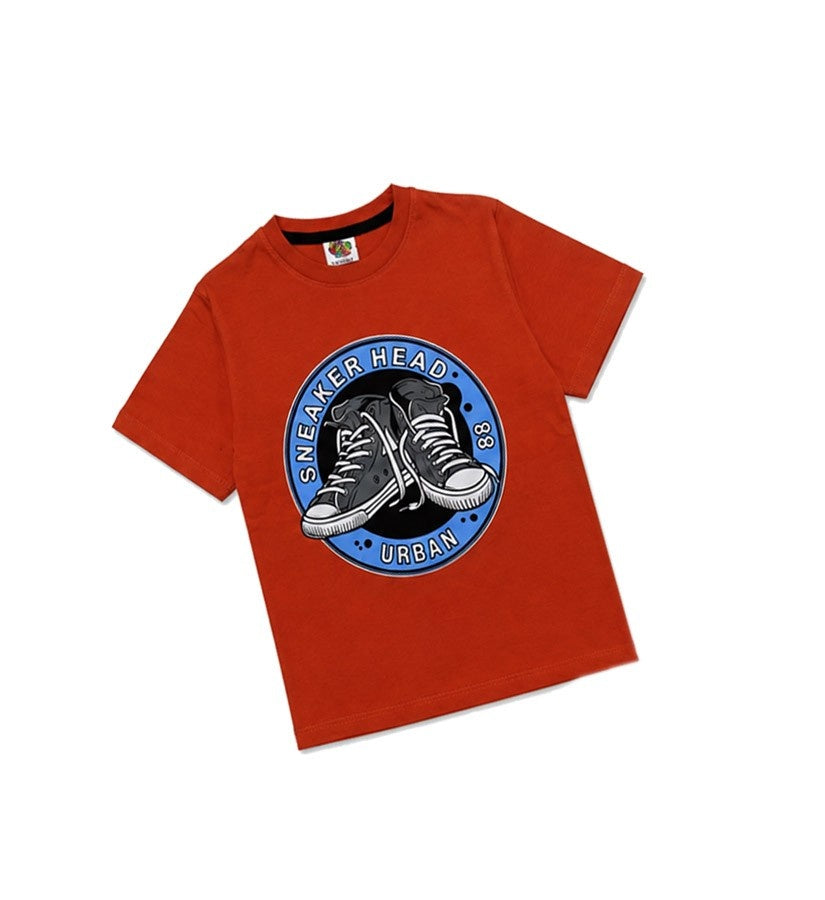 88 Sneaker Head Printed Half Sleeve Tee Shirt - Rust