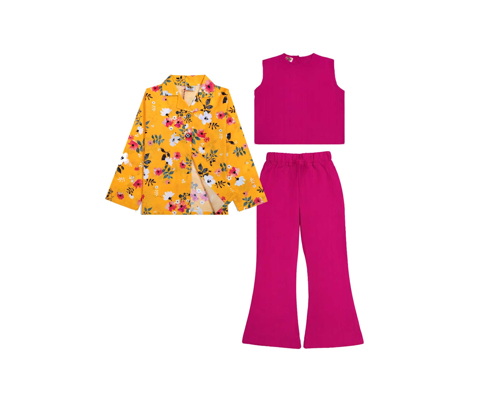 White &amp; Pink Florals 3pc Cotton Suit - Mustard &amp; Shocking Pink
