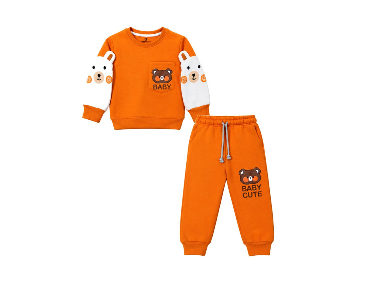Front Pocket Bear Printed Fleece Tracksuit - Orange.1