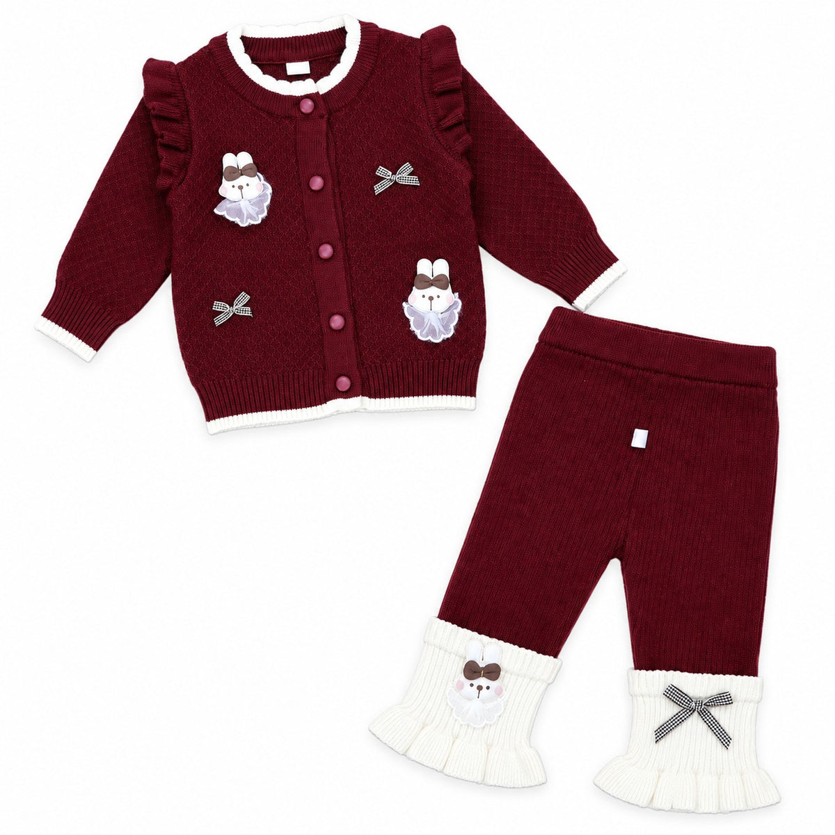 Dancing Kitty With Bow Frill Sleeve Wool Tracksuit - Maroon & Off White
