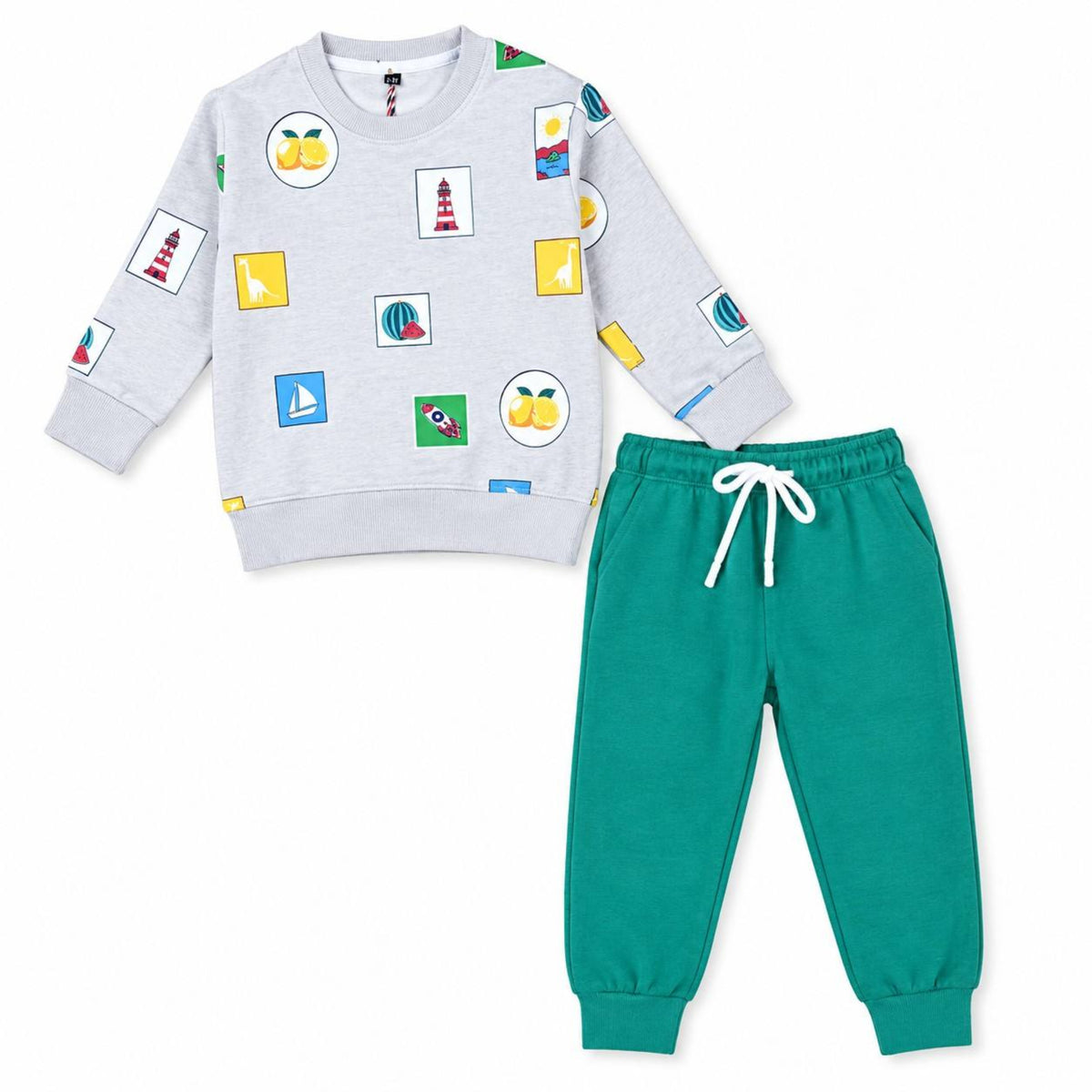 All-Over Mini Printed Fleece Tracksuit - Grey & Green
