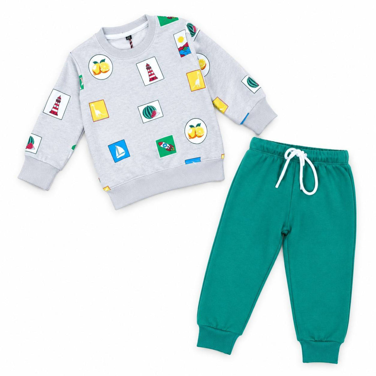 All-Over Mini Printed Fleece Tracksuit - Grey & Green