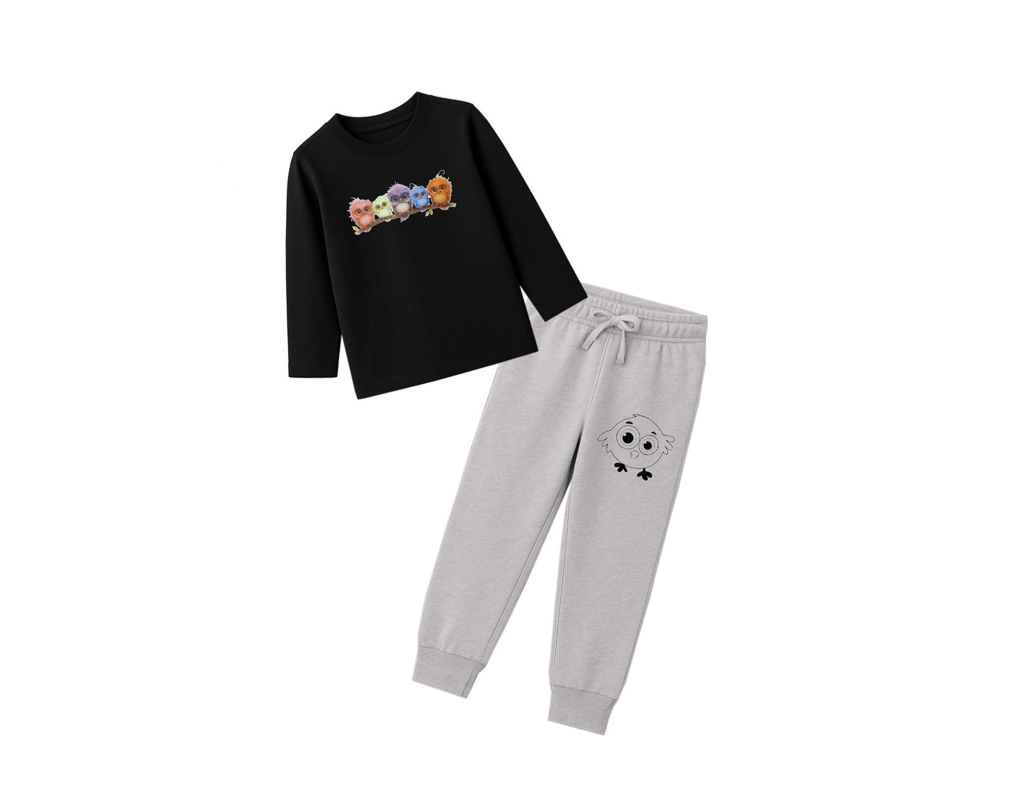 Angry Bird Cotton Jercey Full Sleeves Tee &amp; Trouser -Black &amp; Heather Grey