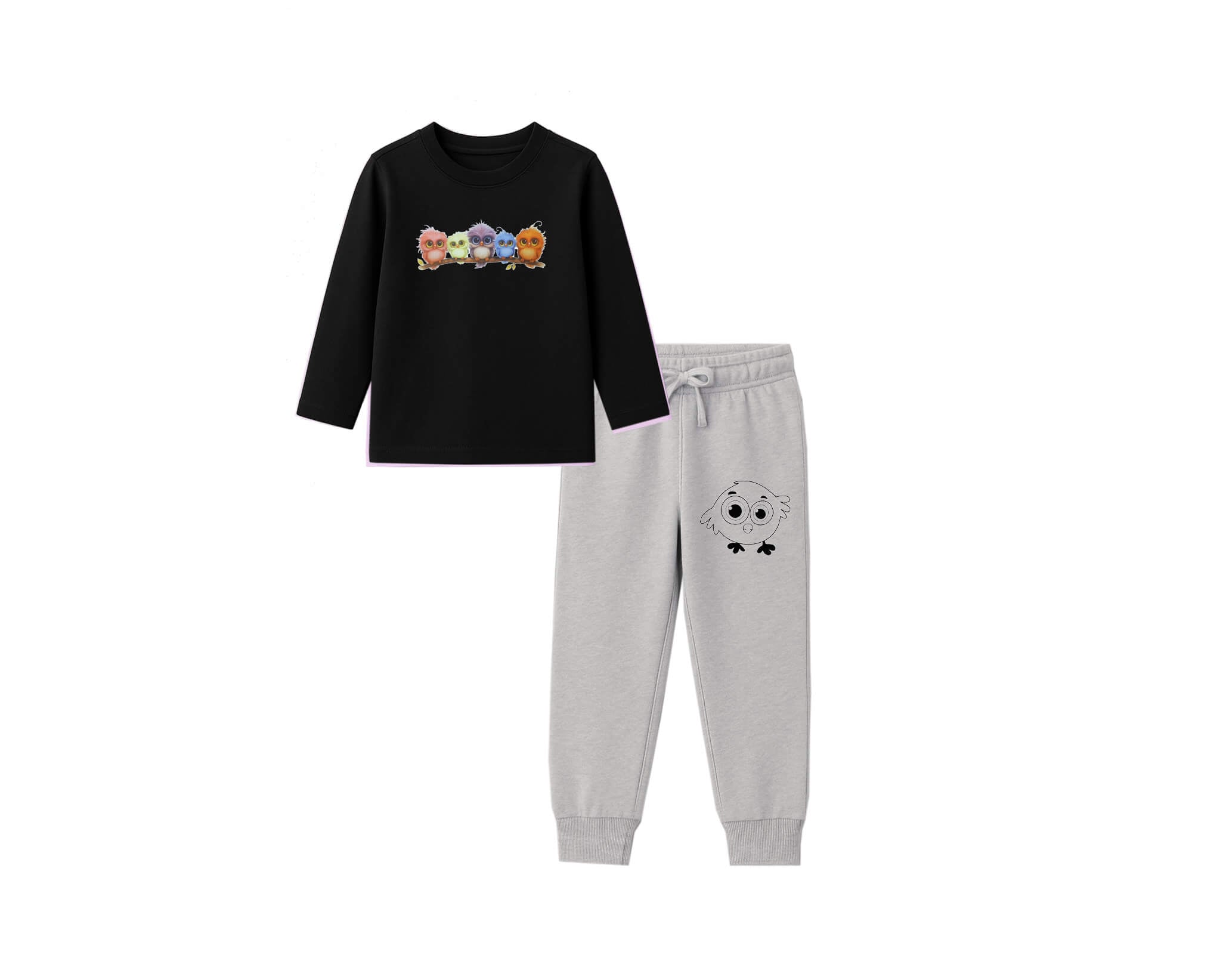Angry Bird Cotton Jercey Full Sleeves Tee &amp; Trouser -Black &amp; Heather Grey