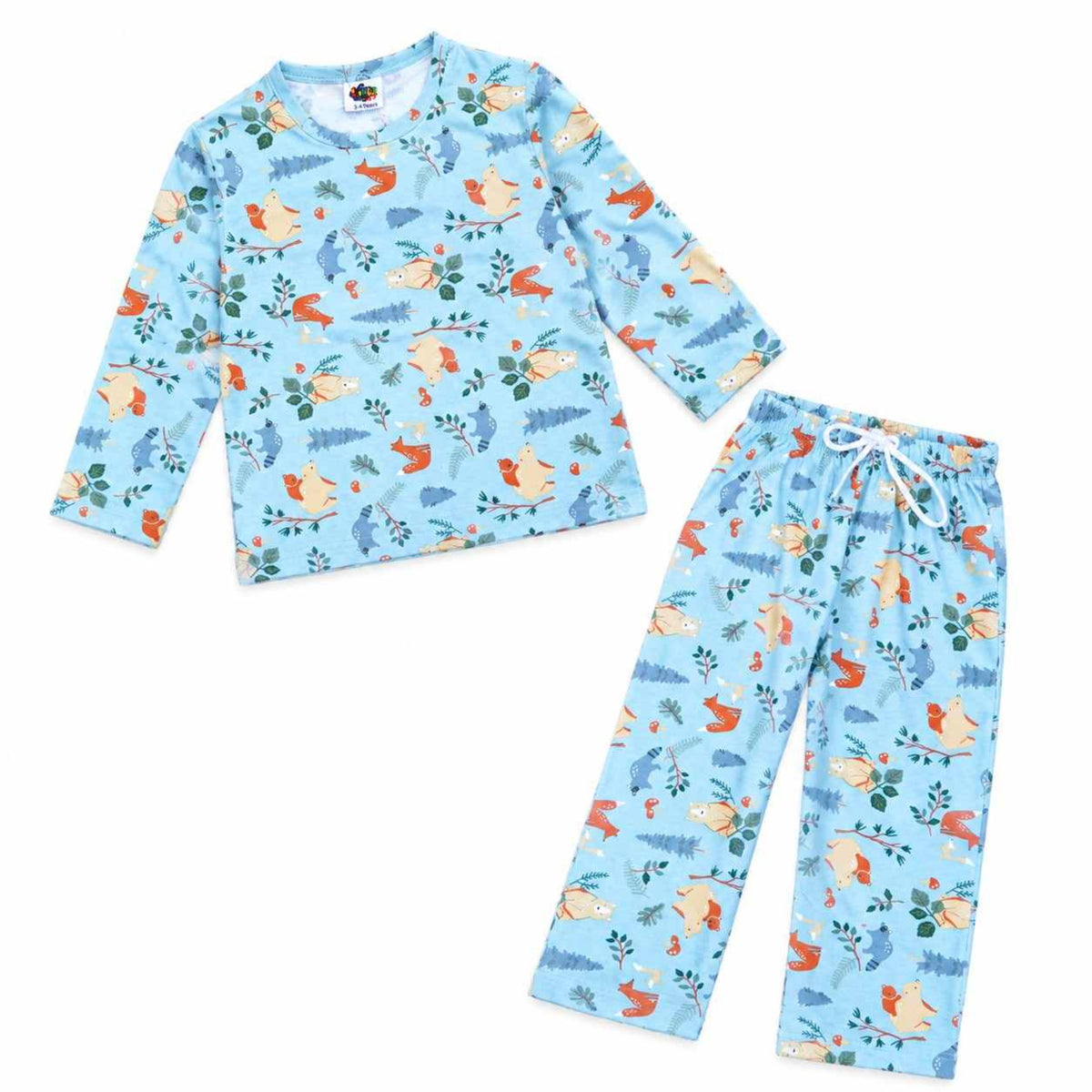  Animal Printed Full Sleeve Cotton Night Suit - Sky Blue