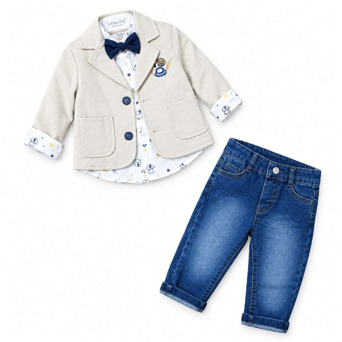 Animals Printed Shirt & Denim Pant 3 Pc Set - Skin & Blue