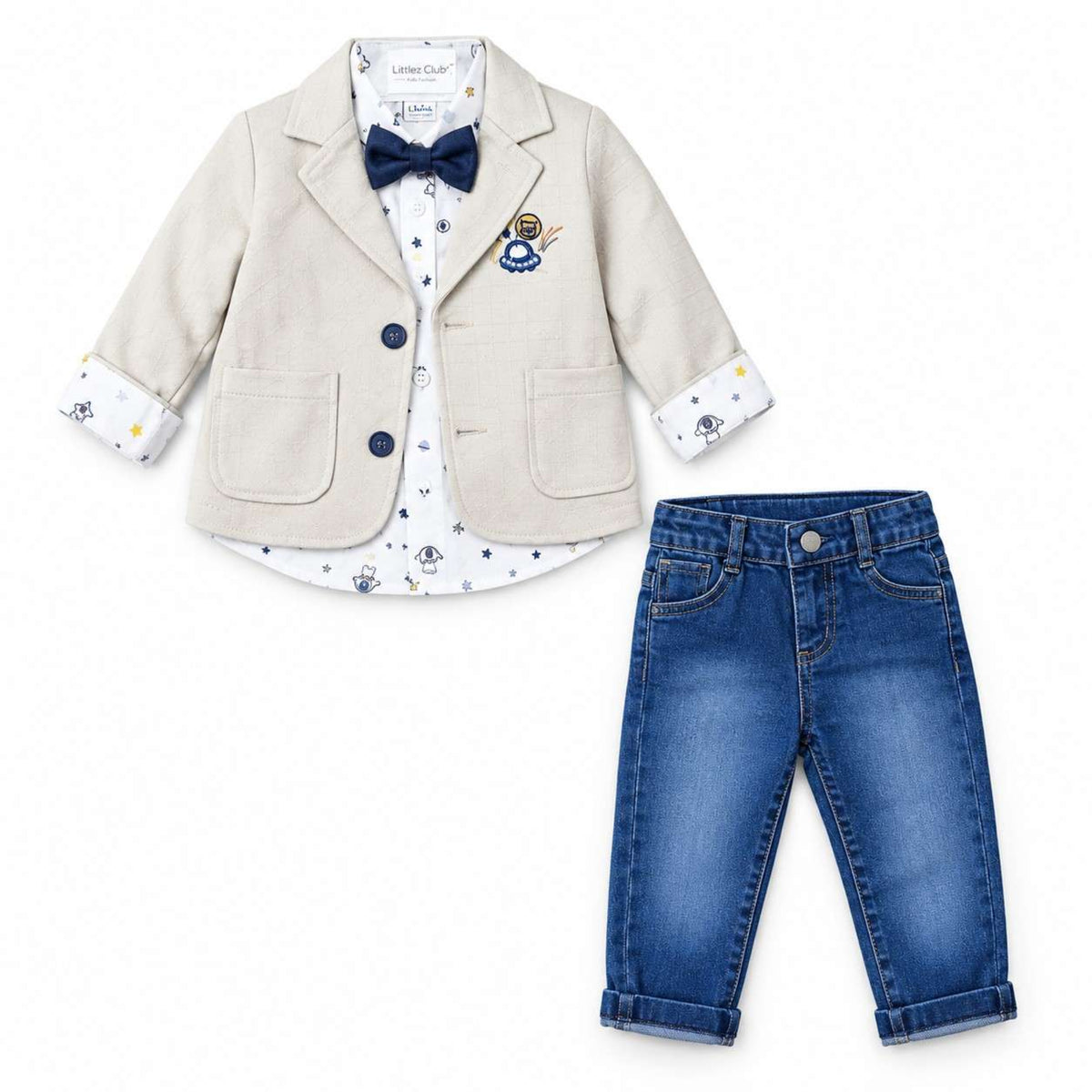 Animals Printed Shirt & Denim Pant 3 Pc Set - Skin & Blue