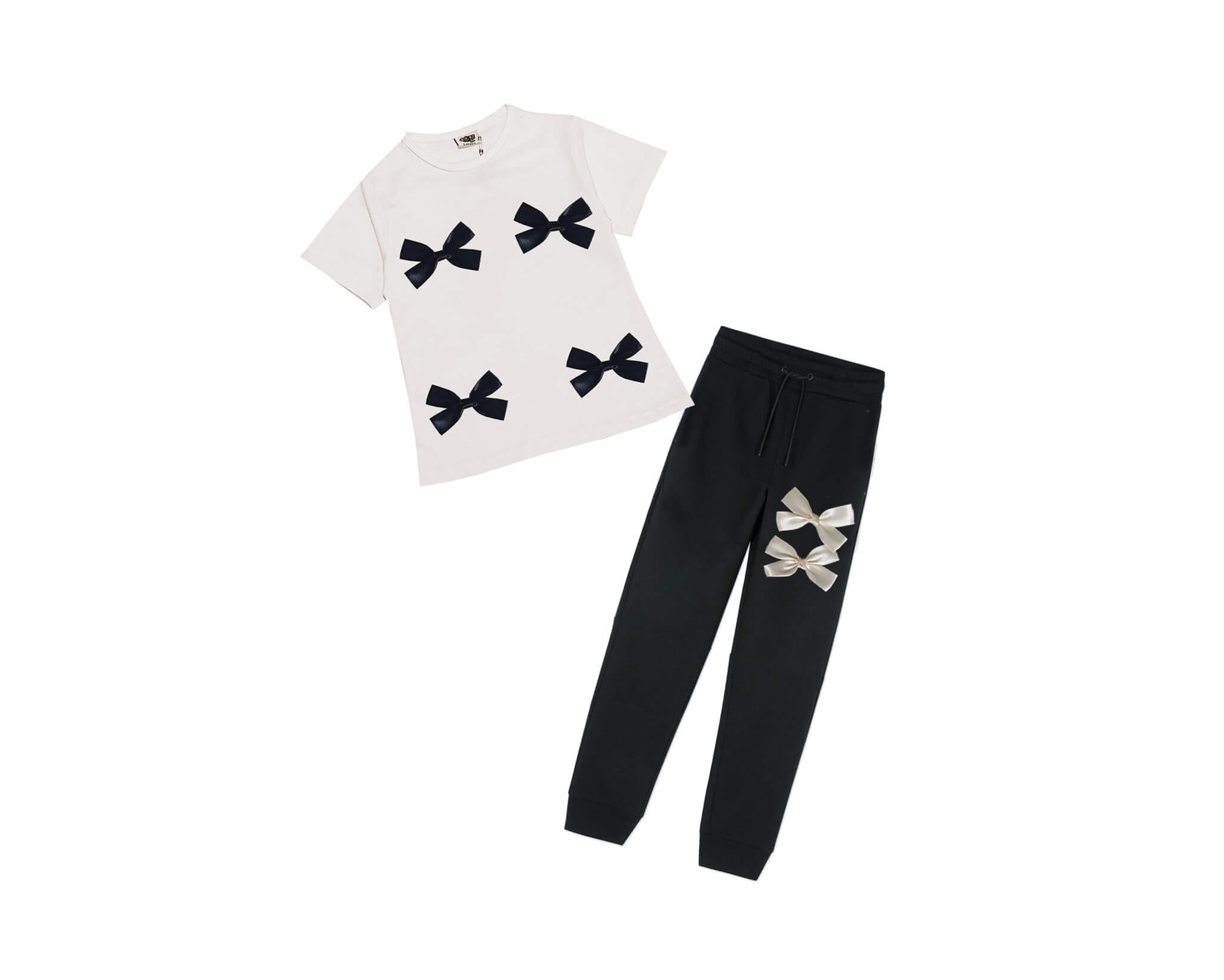 Attractive Bow Tee Shirt & Trouser-Off White & Black