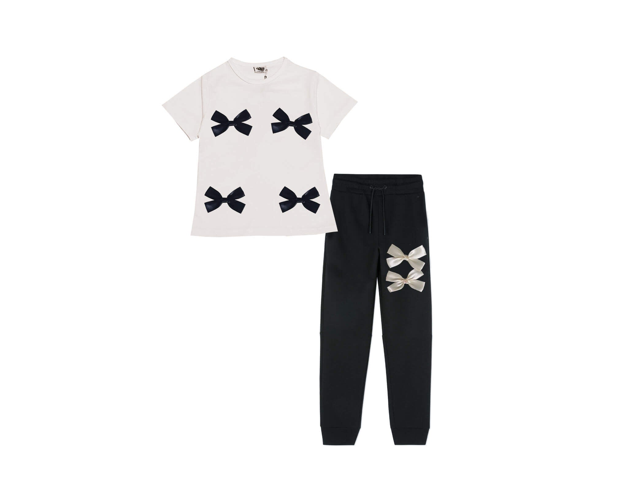 Attractive Bow Tee Shirt & Trouser-Off White & Black