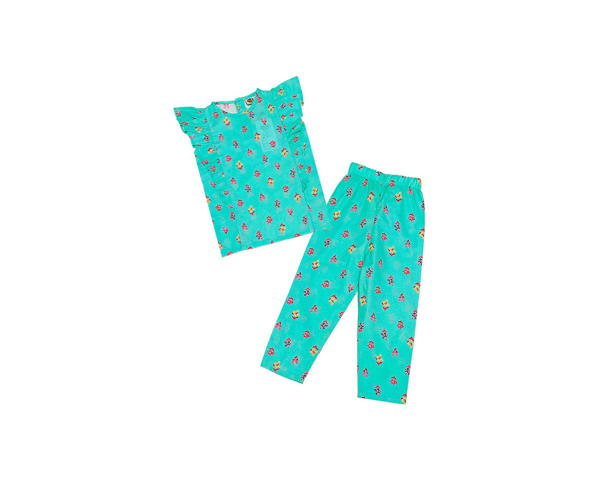 Baby Flowers Frill Stylish Cotton Top & Trouser - Sea Green