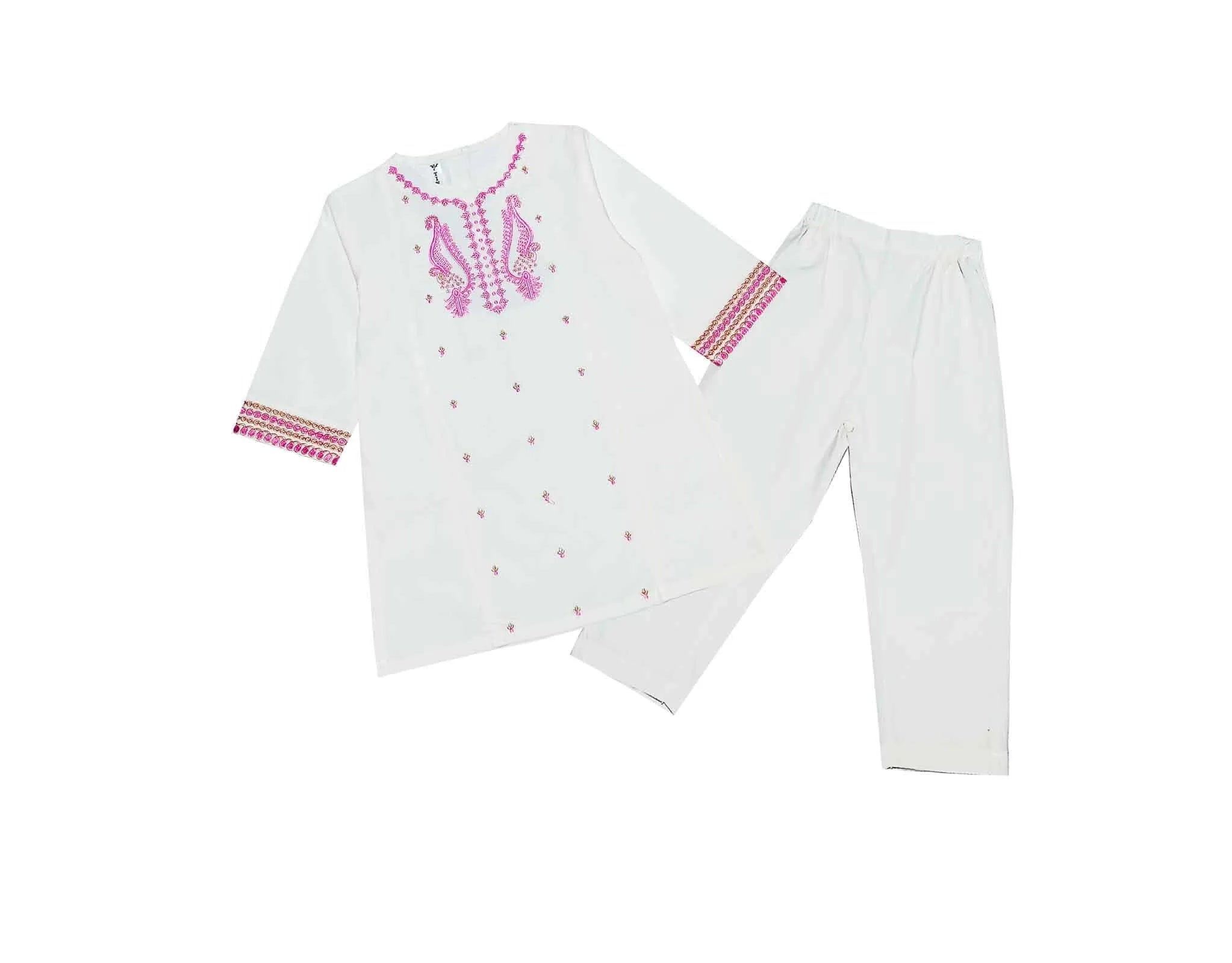 Baby Pink Trendy Embroidery Cotton Shirt & Trouser - White