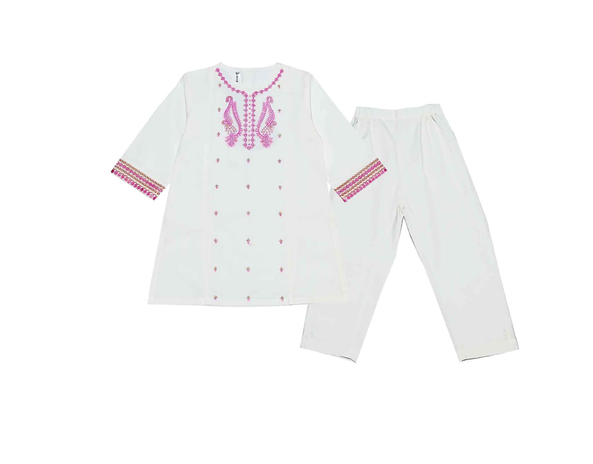 Baby Pink Trendy Embroidery Cotton Shirt & Trouser - White