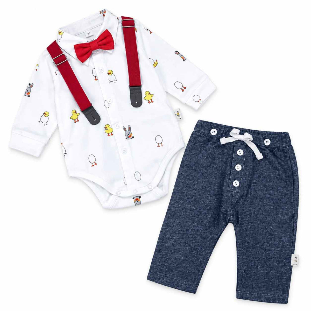 Baby Boy Cute Duck Print Suspenders White & Blue