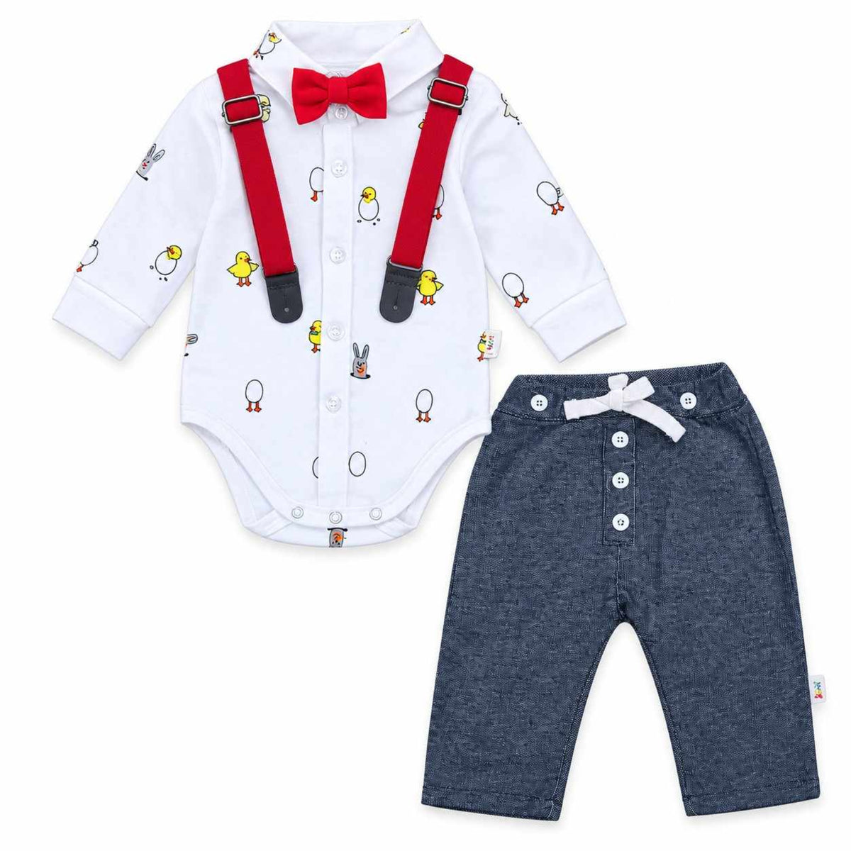 Baby Boy Cute Duck Print Suspenders White & Blue