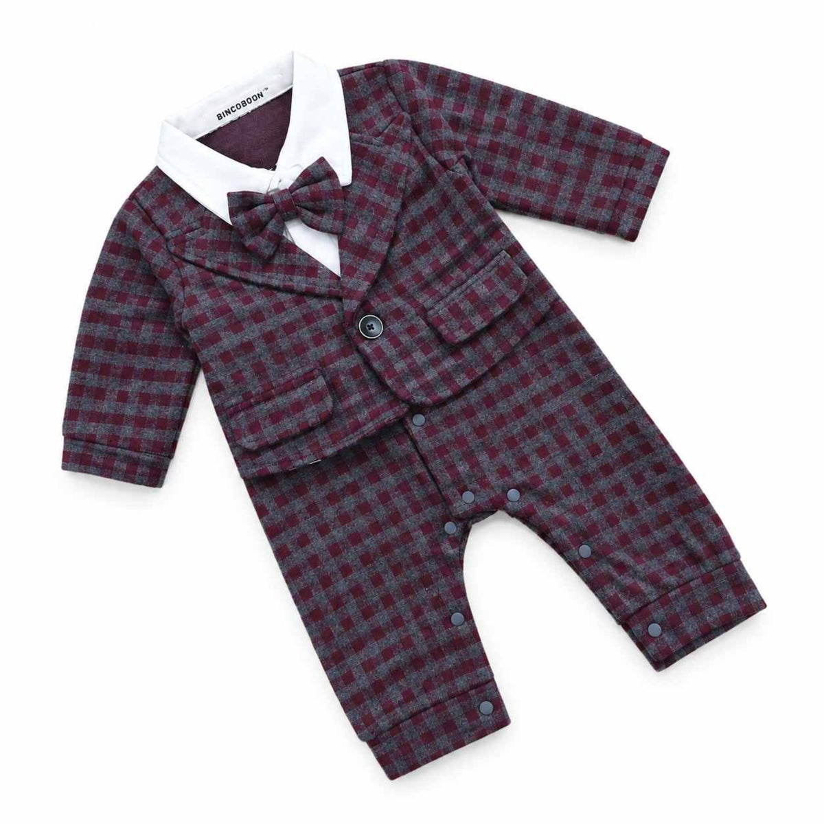 Baby Boy Plaid Suit Romper with Bowtie - Maroon & Grey