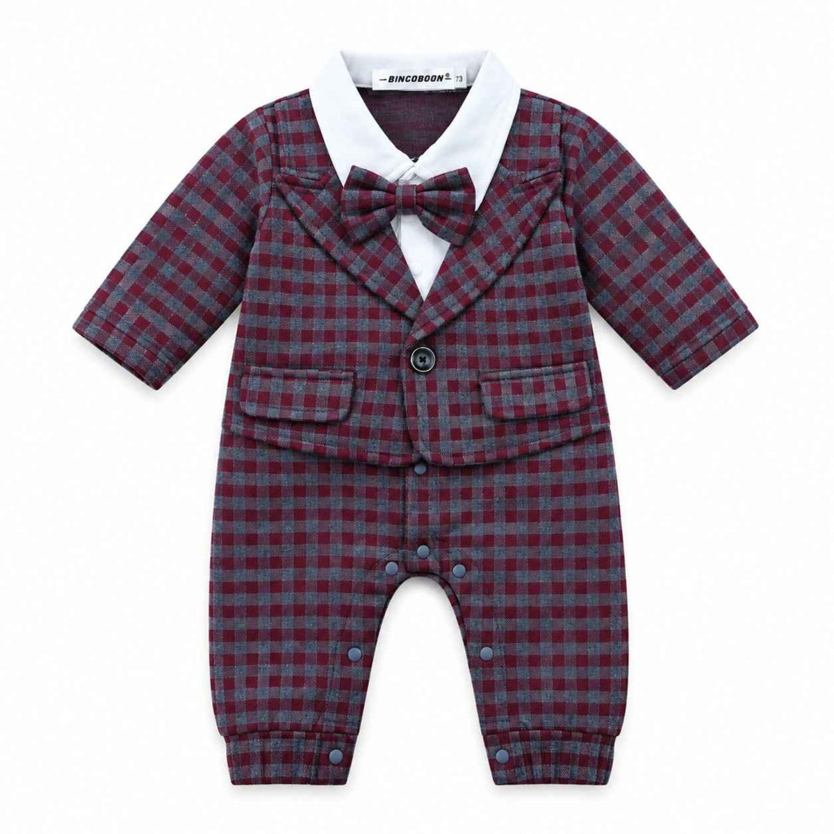 Baby Boy Plaid Suit Romper with Bowtie - Maroon & Grey
