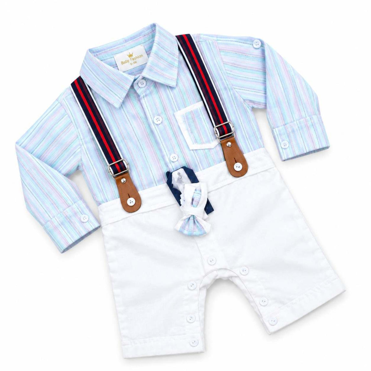Baby Boy Striped Shirt & Suspender - Aqwa & Off White