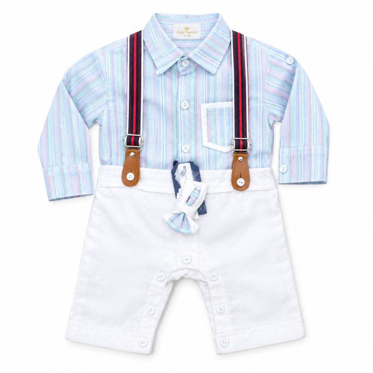 Baby Boy Striped Shirt & Suspender - Aqwa & Off White