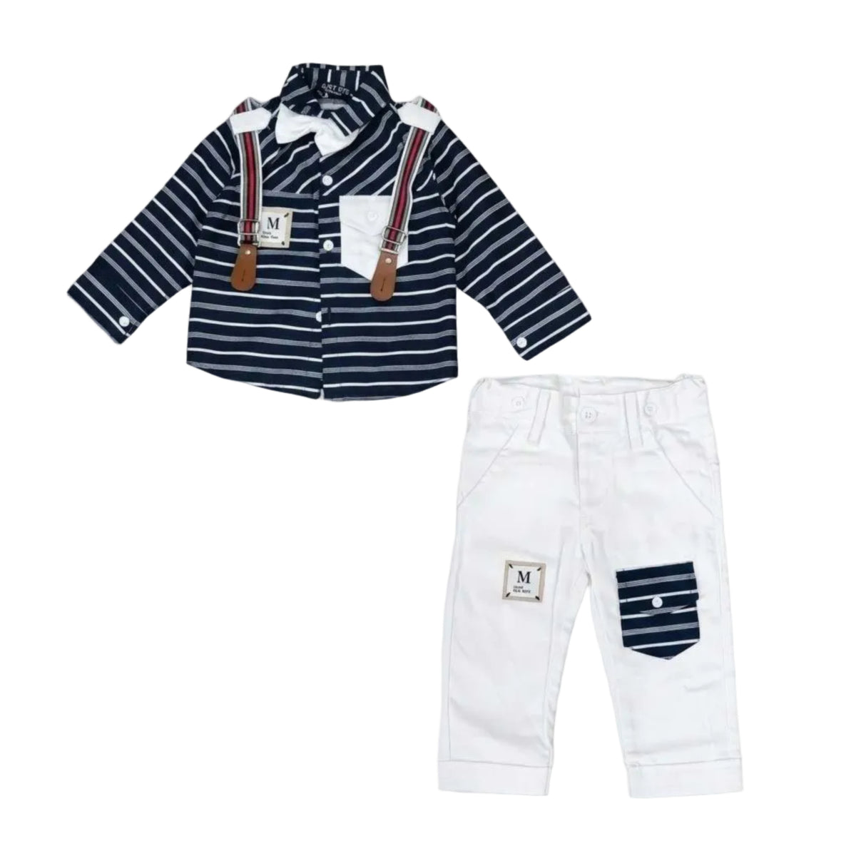 Baby Boy Suspender Romper White Pent & Navy Blue Shirt Pair