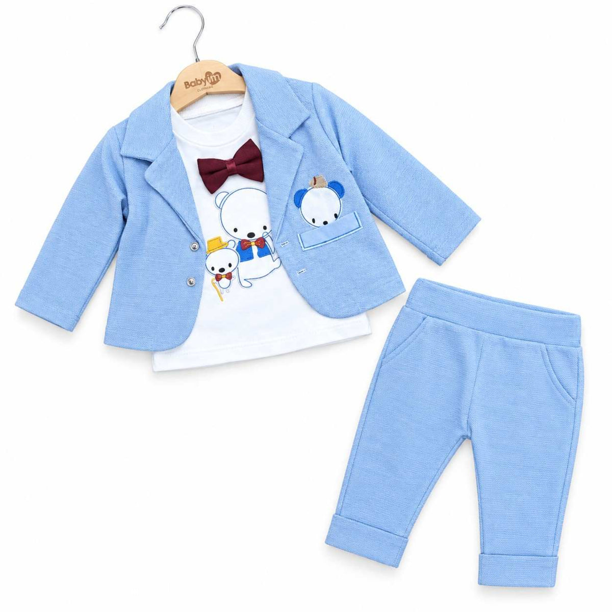  Baby Boys Bear Embroidered Gentleman Suit - Sky Blue