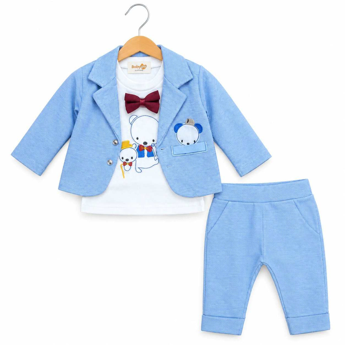  Baby Boys Bear Embroidered Gentleman Suit - Sky Blue
