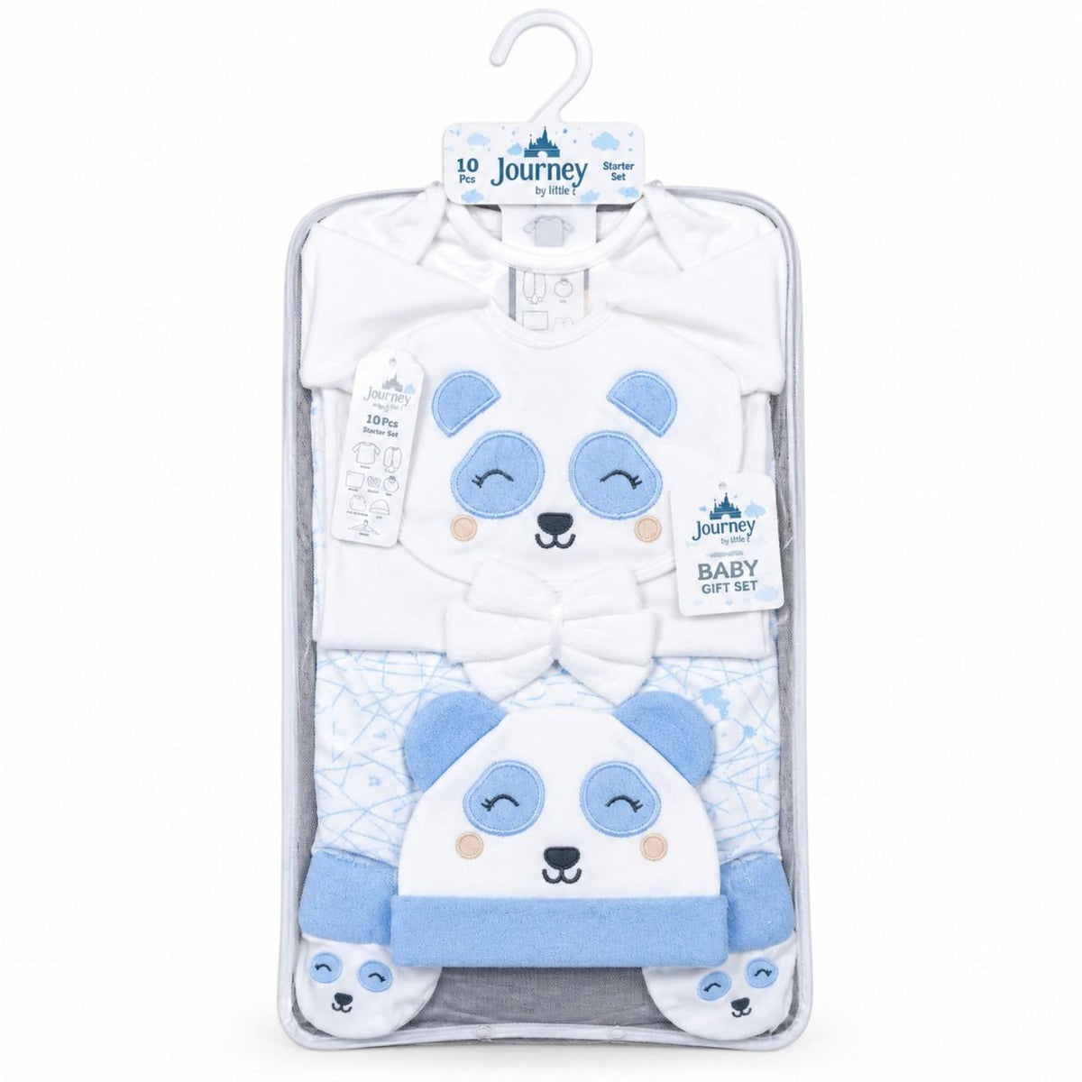 Baby Boys Blue Panda Embroidered Bib, Cap & Romper Set