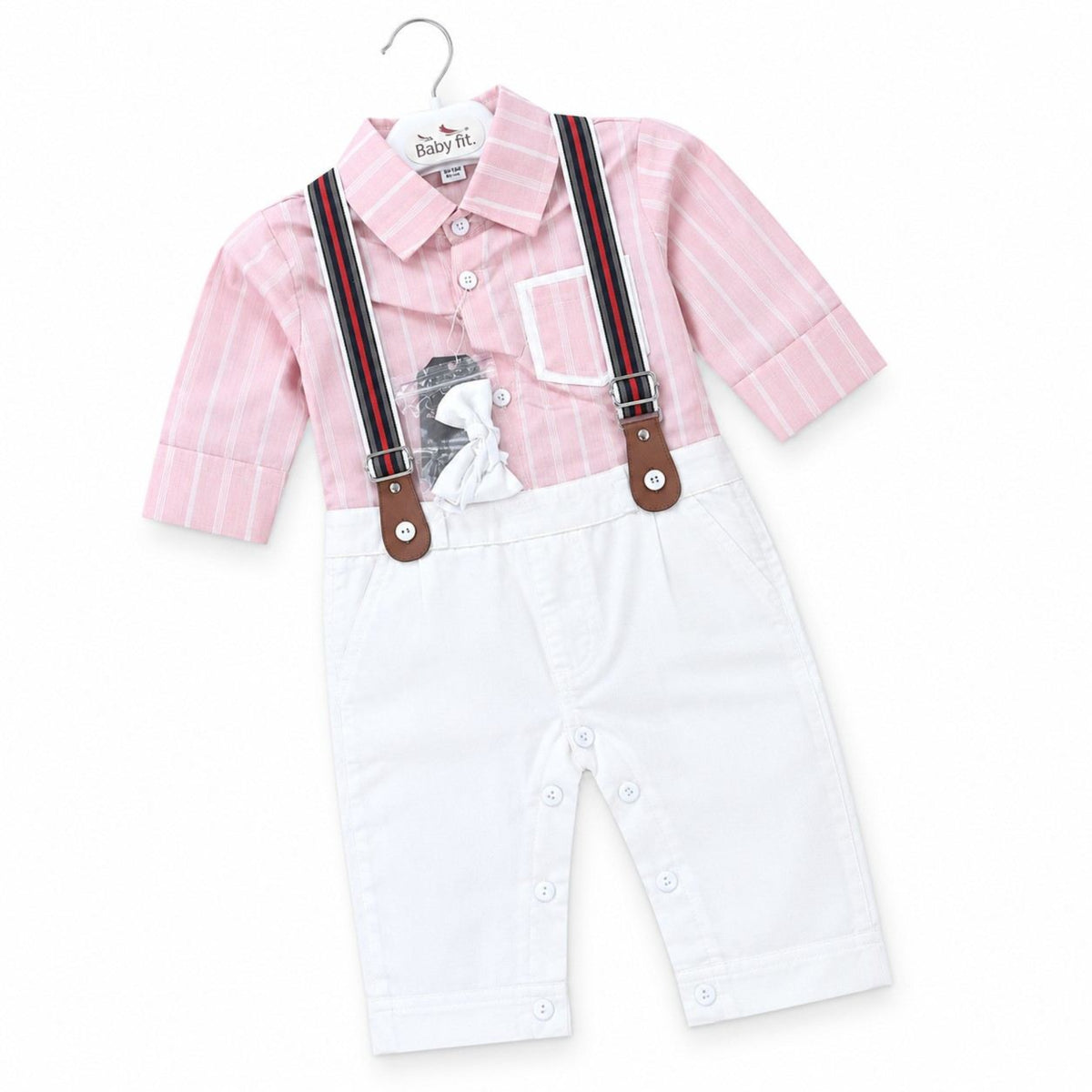 Baby Boys Striped Suspender Romper - Pink & White