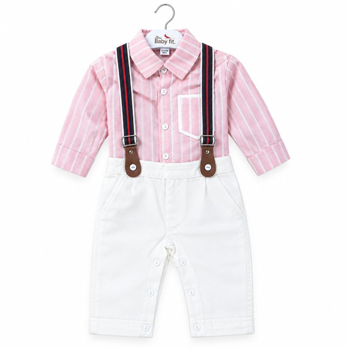 Baby Boys Striped Suspender Romper - Pink & White