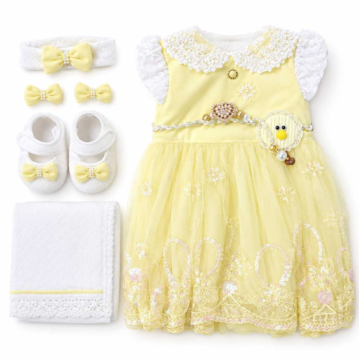 Baby Girls Embroidered Tulle Dress Set - Yellow