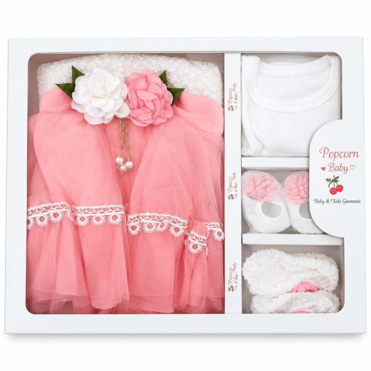 Baby Girls Floral Lace Tulle Frock & Booties Gift Set