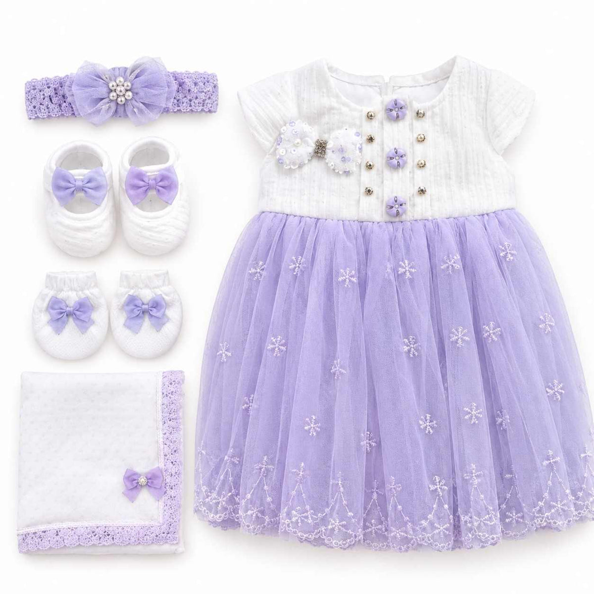 Baby Girls Lavender Pearl Button Tulle 5-Piece Set  - White & Parpal