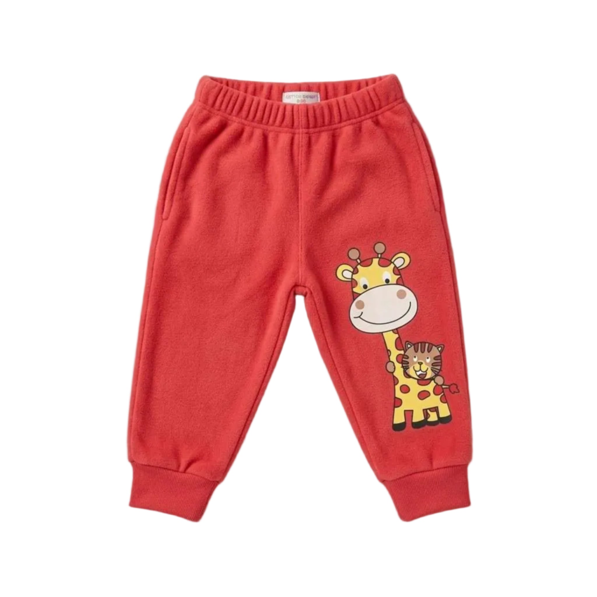 Baby Girraffe With Cat Fleece Trouser - Red