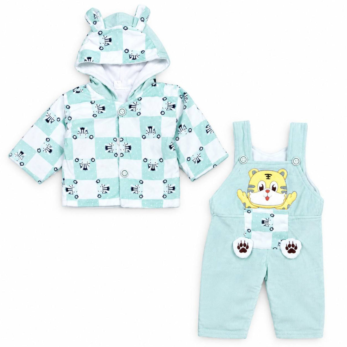 Baby Mint Tiger Hooded Jacket & Dungaree - See Green & White