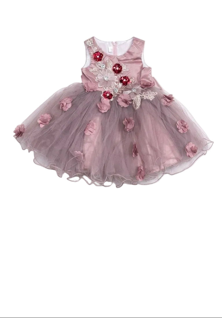 Baby Red Roses Frock - Tea Pink