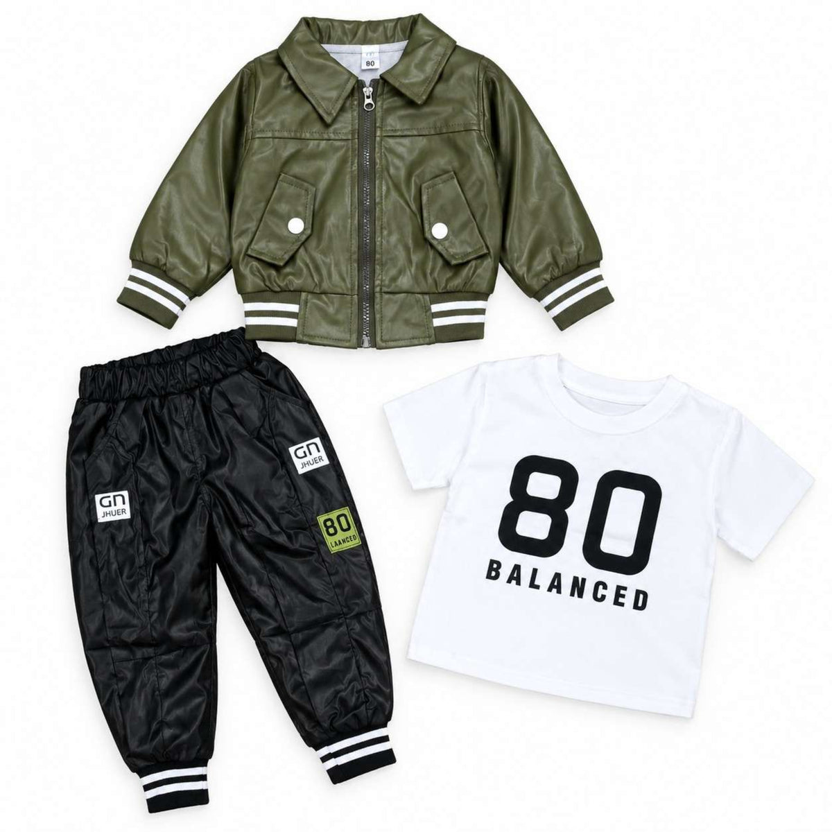 Balanced 80 Urban Edge Leather Jacket & Jogger 3 pc Set - olive Green & White