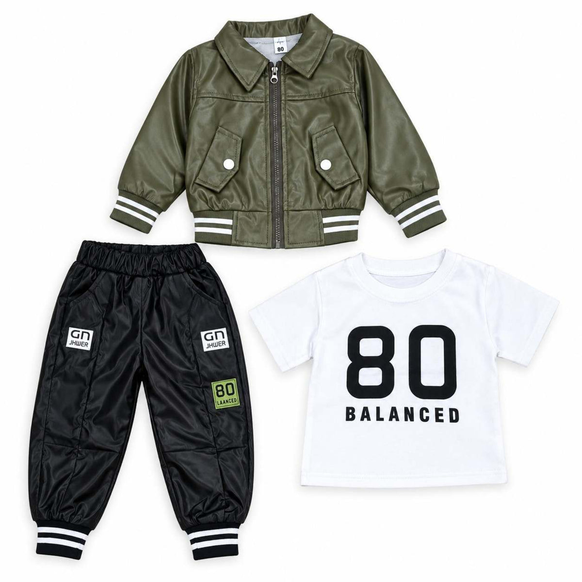 Balanced 80 Urban Edge Leather Jacket & Jogger 3 pc Set - olive Green & White