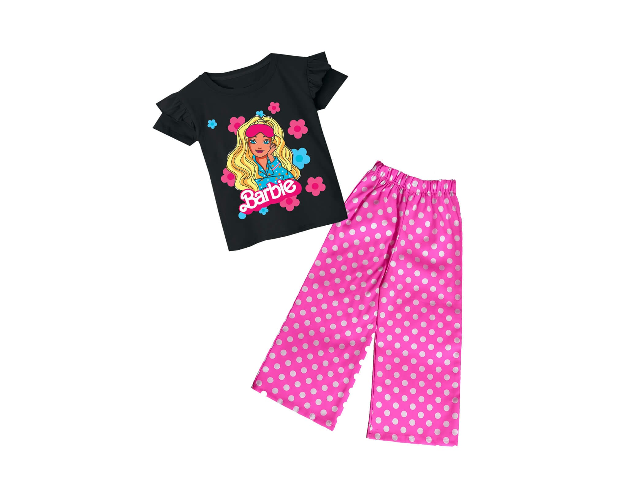 Barbie Doll &amp; Flowers Frill T Shirt with Cotton Plazzo - Black &amp; Pink