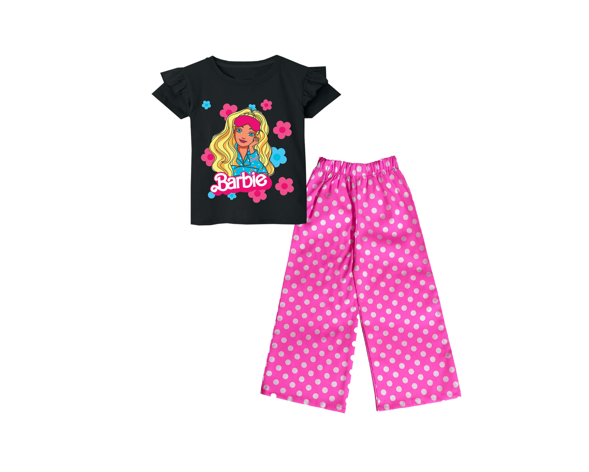 Barbie Doll &amp; Flowers Frill T Shirt with Cotton Plazzo - Black &amp; Pink