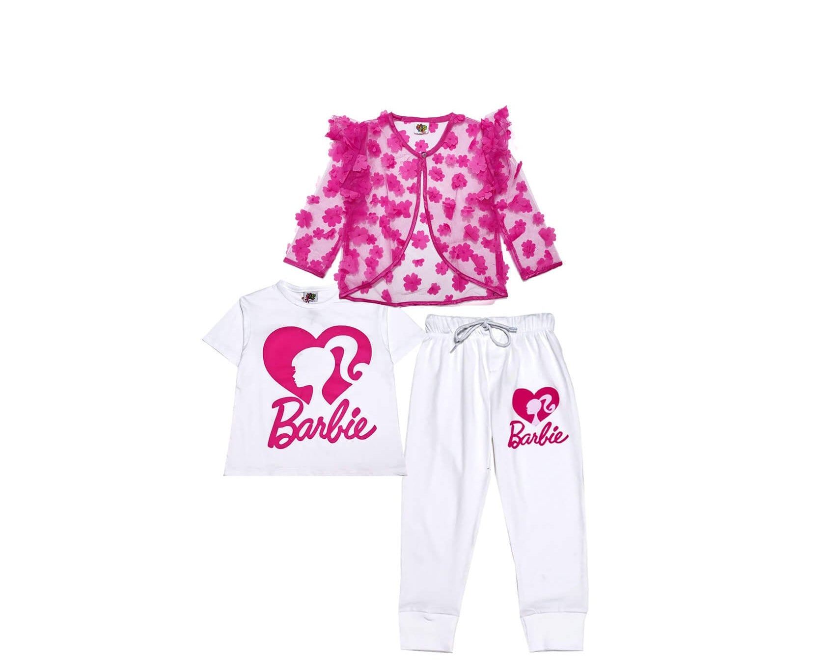 Barbie 3D Net Flowers Top & Trouser - Pink & White