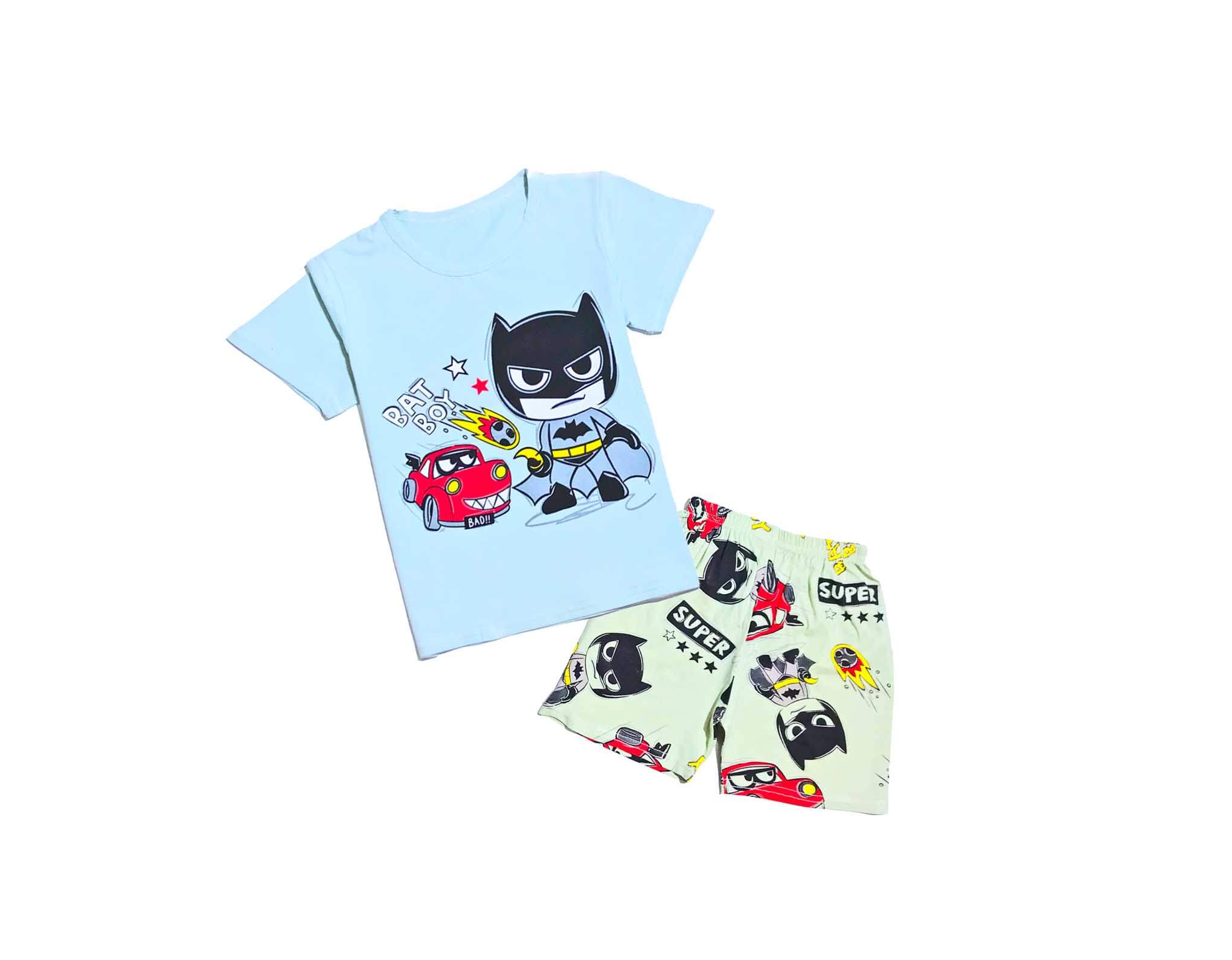 Bat Boy With Car Tee & Short - Sky Blue