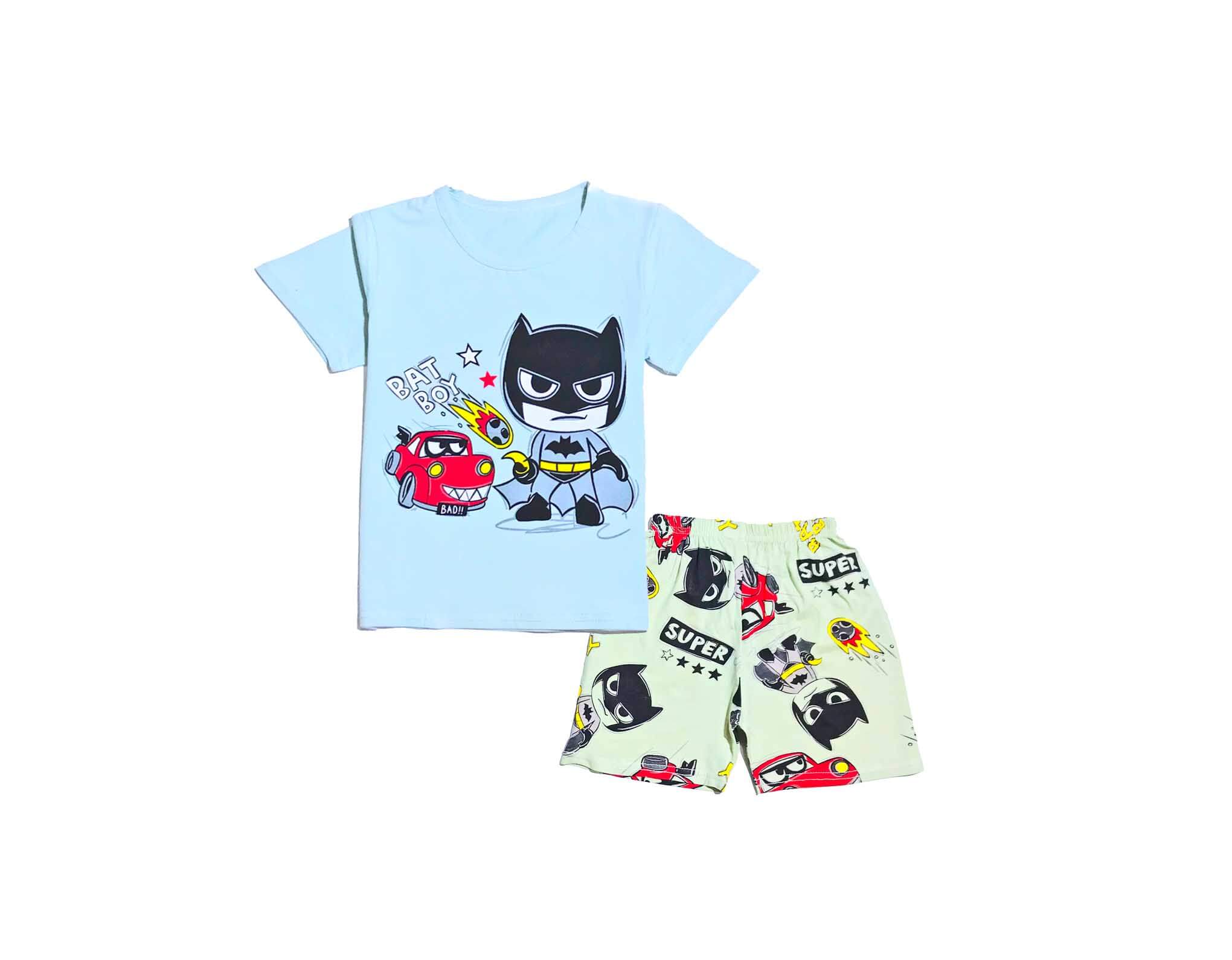 Bat Boy With Car Tee & Short - Sky Blue