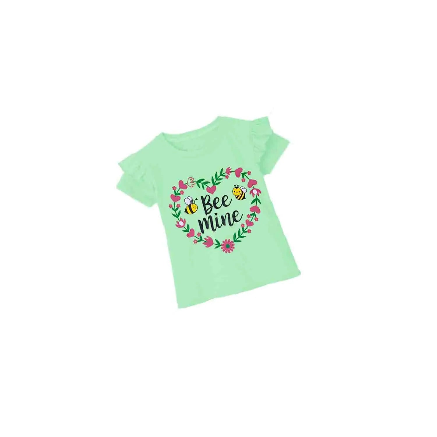 Be Mine Floral Heart Frill Sleeves T Shirt - Sea Green