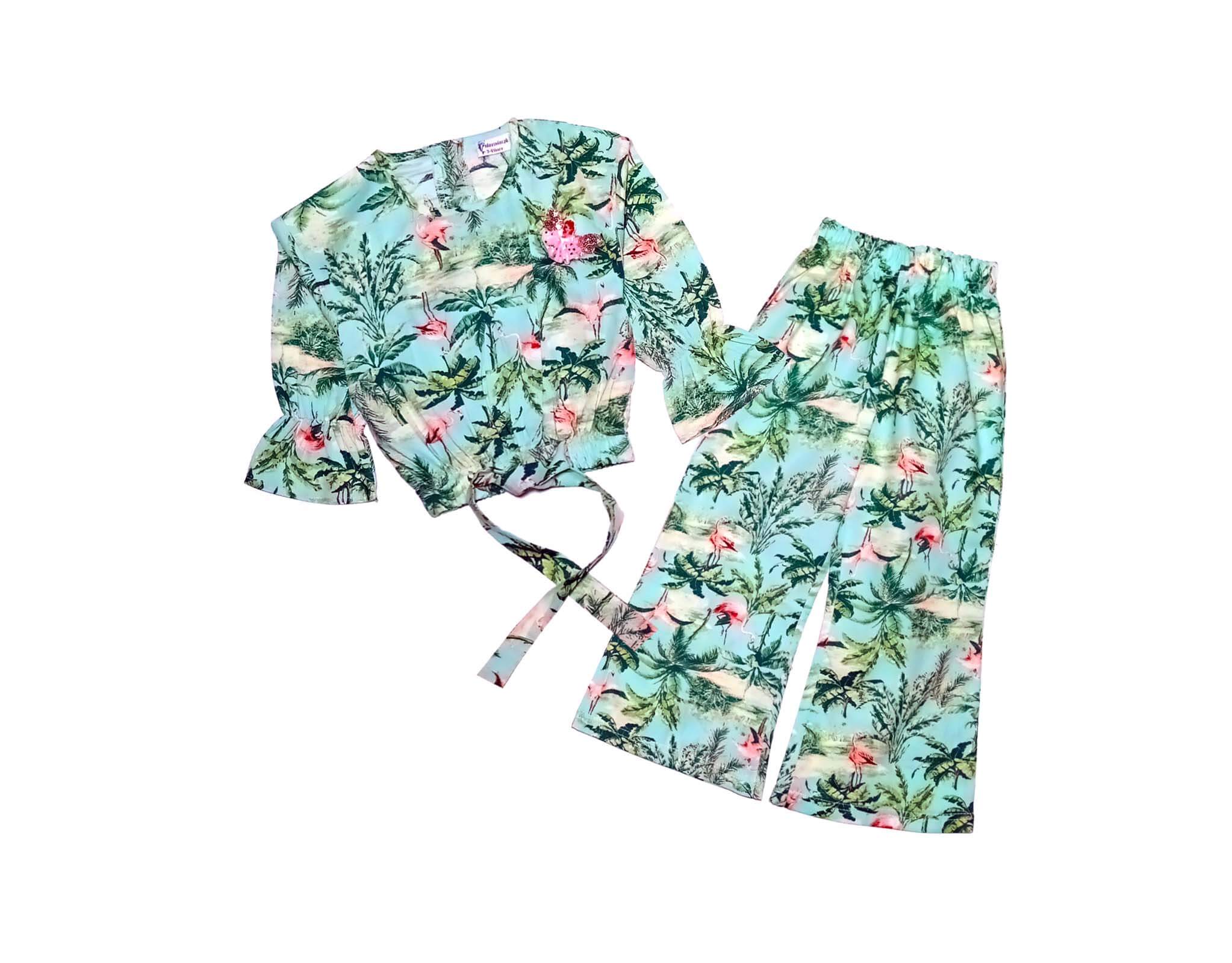 Beach Tree Woven Short Top with Bell Bottom Trouser - Sea Green